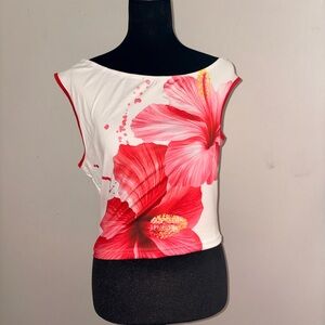 Floral Boatneck Crop Top - White with Pink/Red Hibiscus